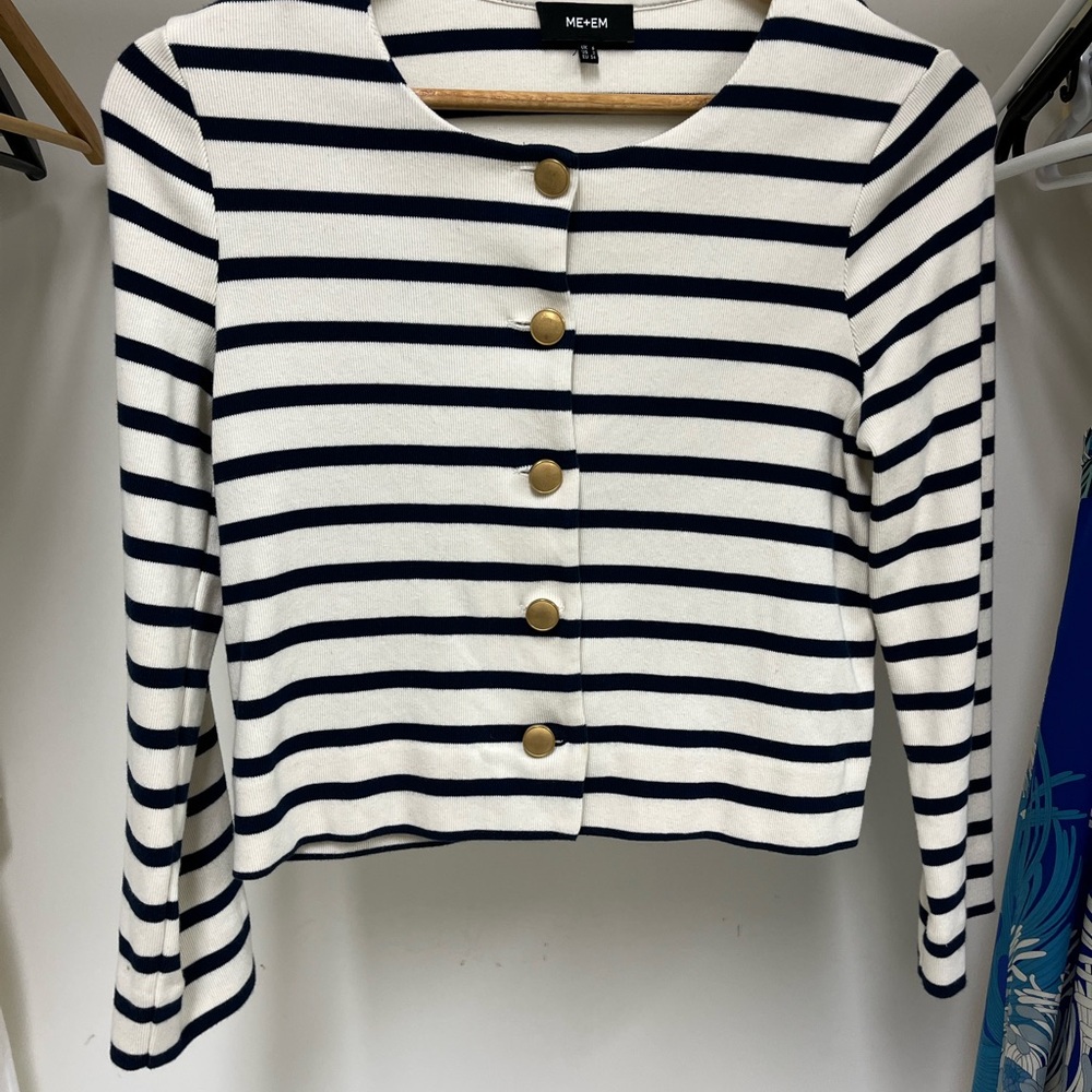 ME+EM Navy and White Striped Cropped Jacket / Cardigan
